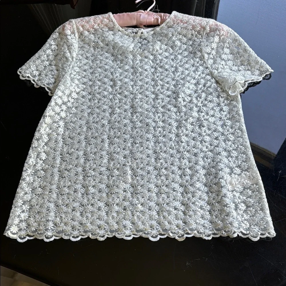 Kate Spade Delicate Shimmery Silver and White Embroidered Floral Lace Top